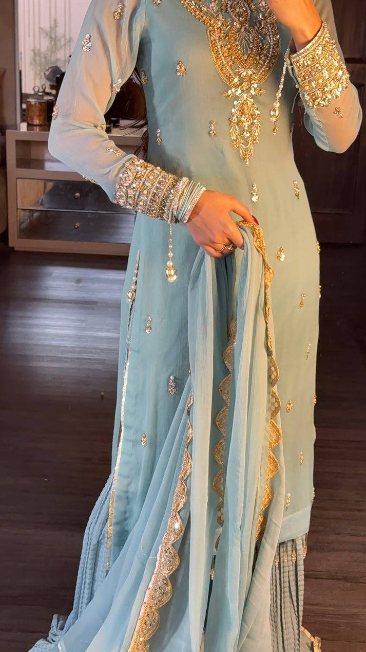 Heavy Faux Georgette Embroidered Suit Set with Plazzo and Dupatta – Fully Stitched Festive Wear for Women