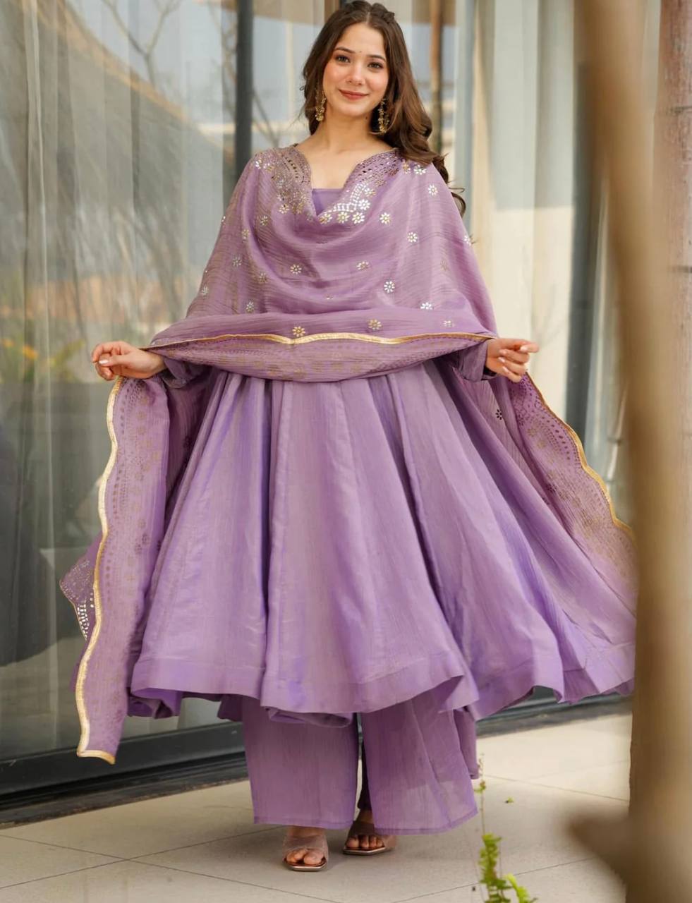 Heavy Fandy Silk Embroidered Lavender Gown Set with Dupatta – Fully Stitched Ethnic Partywear for Women