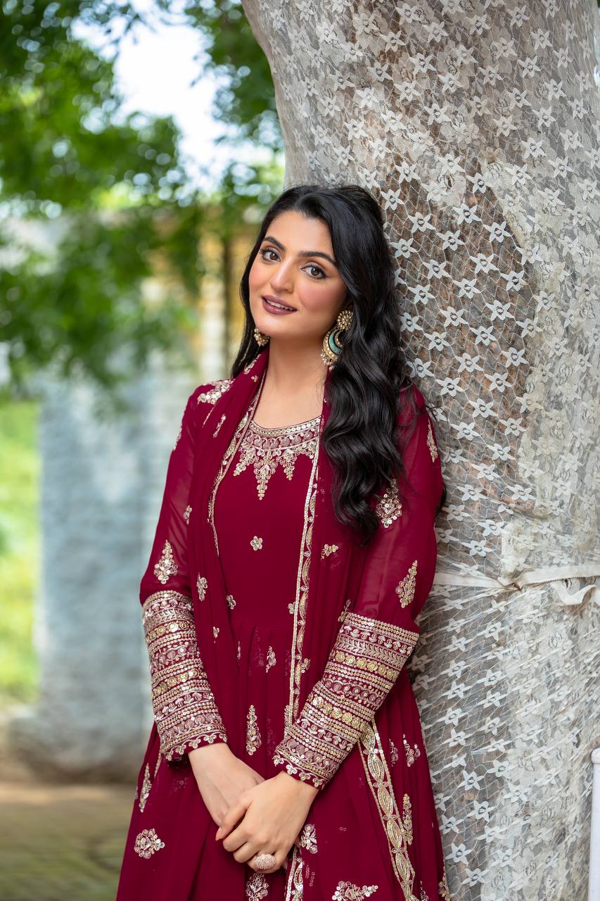 Faux Georgette Embroidered Lavender Gown Set with Dupatta – Fully Stitched Designer Ethnic Wear for Women