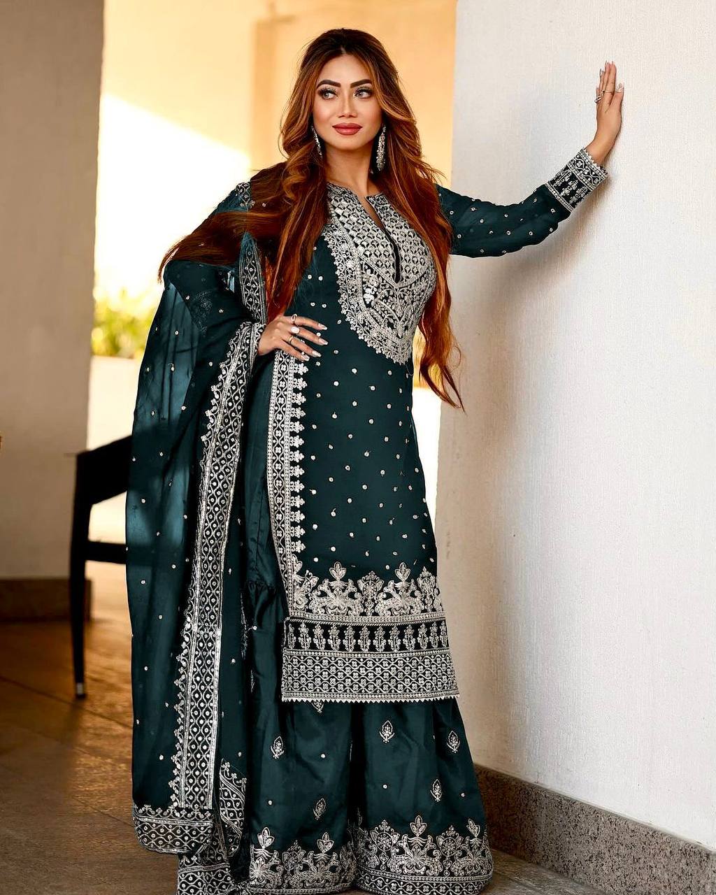 Heavy Faux Georgette Embroidered Bottle Green Gharara Set with Dupatta – Fully Stitched Ethnic Partywear for Women