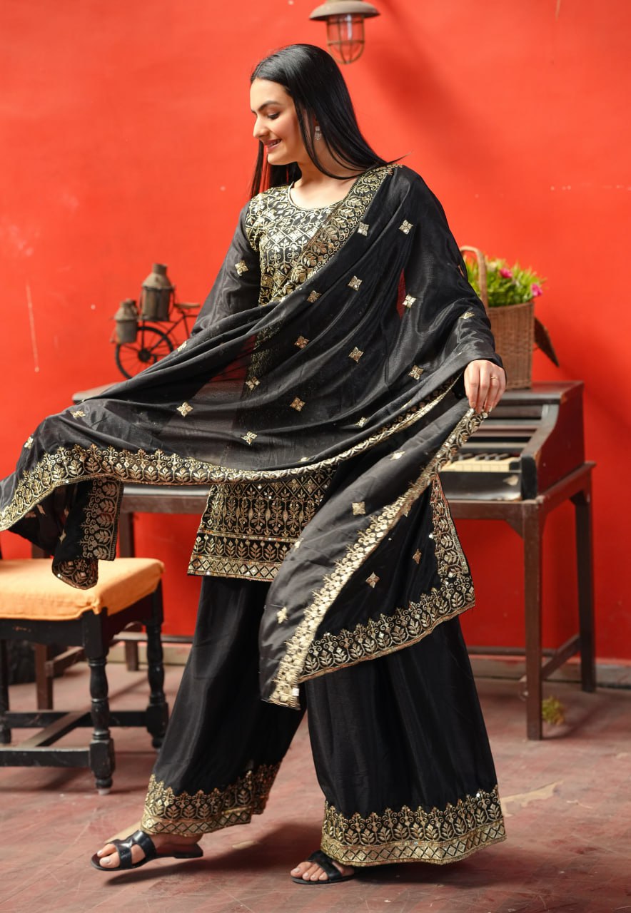 Chinon Embroidered Sharara Suit Set with Dupatta – Sequence Work Ethnic Wear for Women