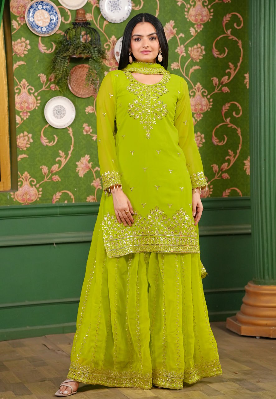 Georgette Embroidered Sharara Suit Set with Dupatta – Fully Stitched Partywear for Women
