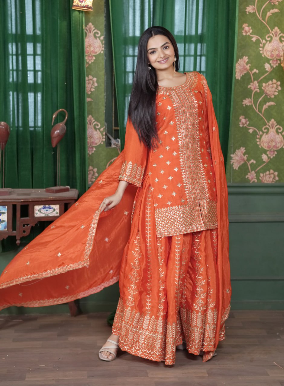 Chinon Embroidered Sharara Suit Set with Heavy Dupatta – Fully Stitched Festive & Party Wear for Women