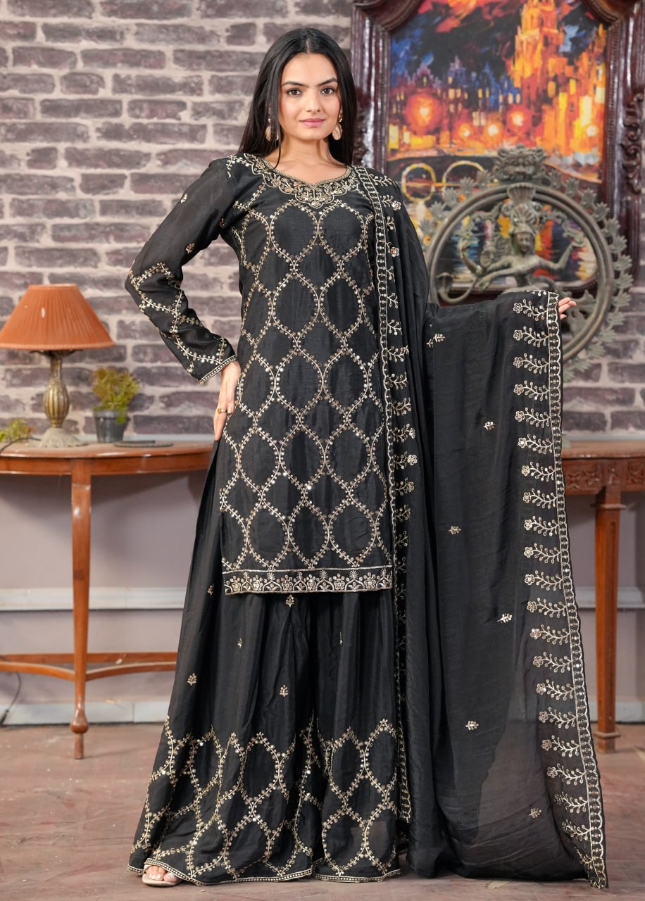 Chinon Embroidered Sharara Suit Set for Women - Traditional & Party Wear
