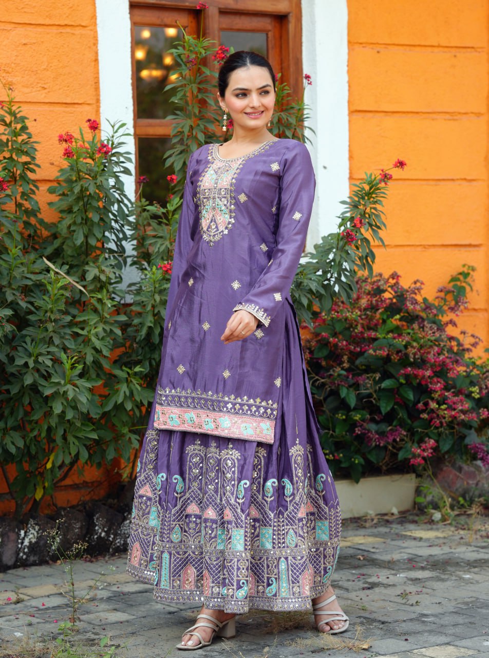 Chinon Coding Sequence Embroidered Sharara Suit Set for Women - Traditional & Wedding Wear