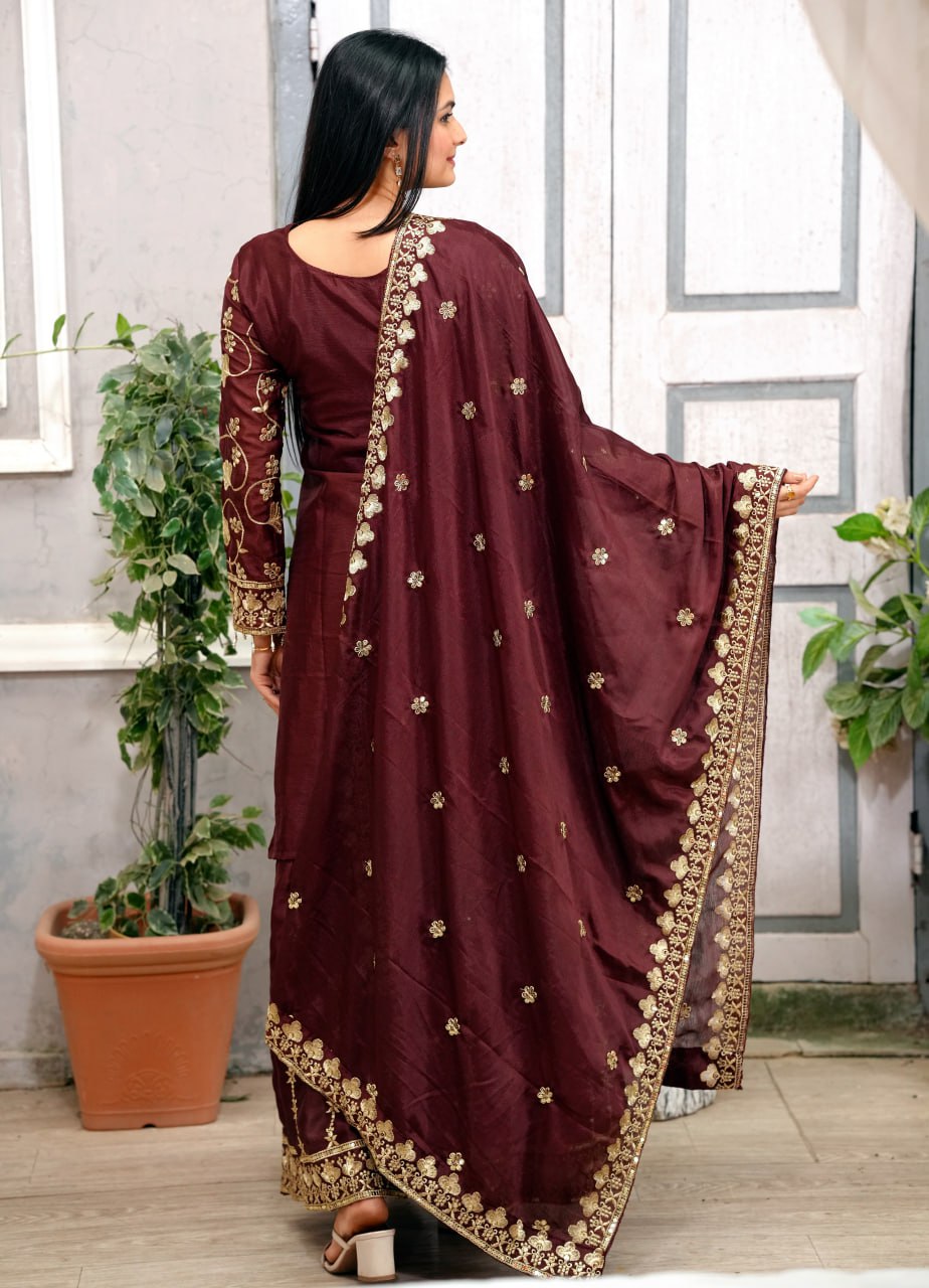 Chinon Embroidered Brown Sharara Set with Real Kodi Lace Border