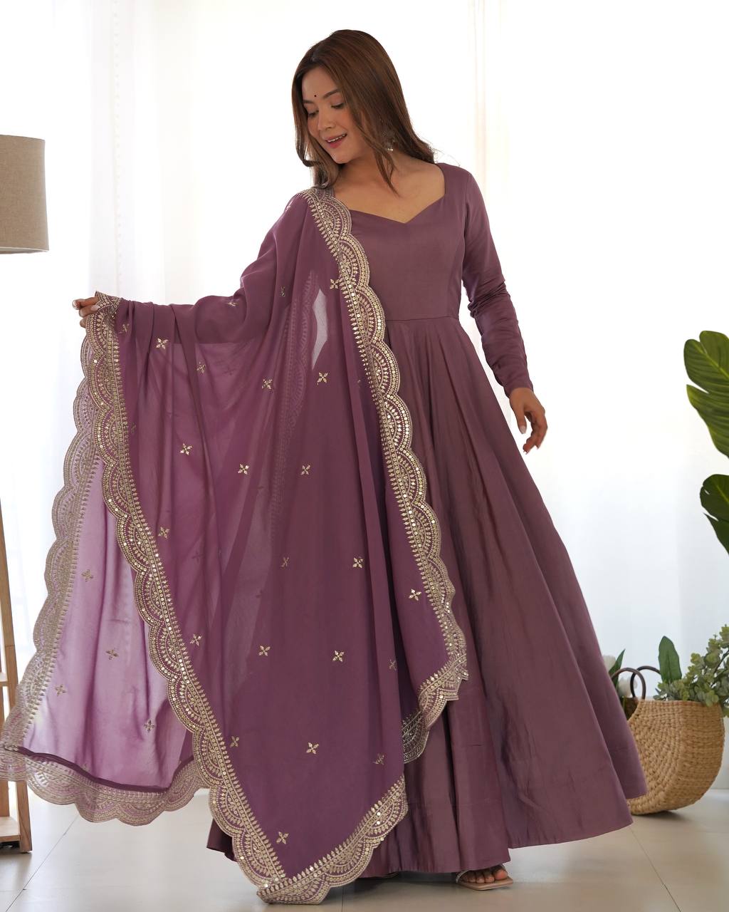 Elegant 16 Kali Romansilk Chanderi Lavender Anarkali Set with Embroidery Dupatta