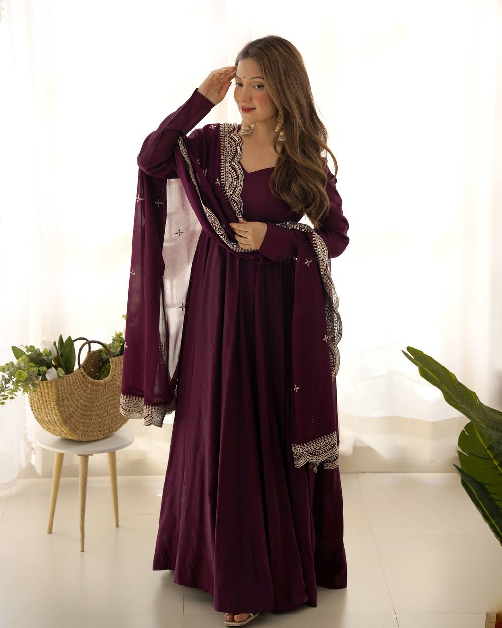 Elegant 16 Kali Romansilk Chanderi Wine Purple Anarkali Set with Embroidery Dupatta