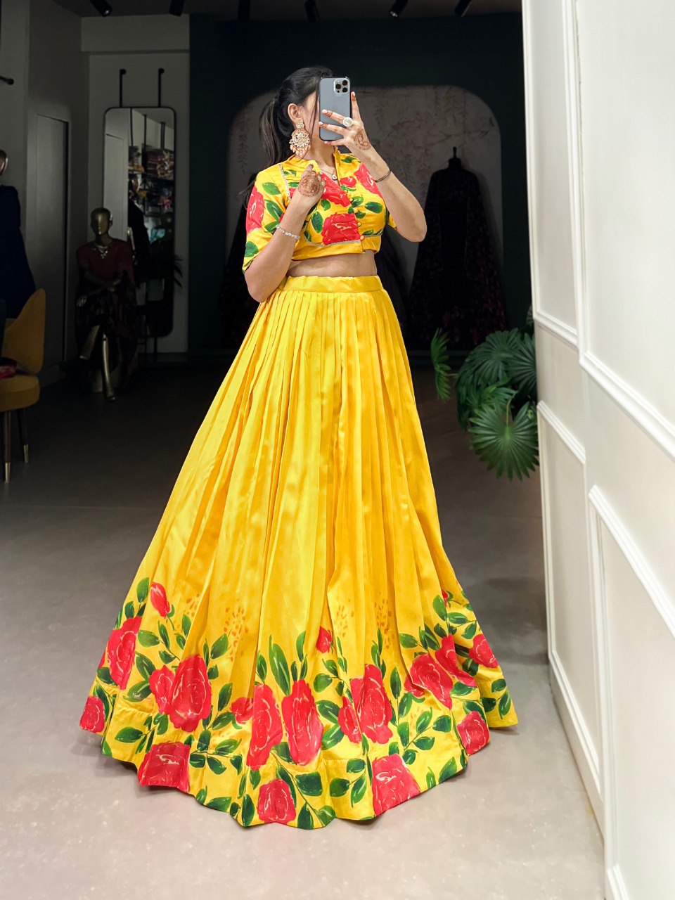 Elegant Tussar Silk Floral Print Yellow Lehenga with Lace Touch Blouse