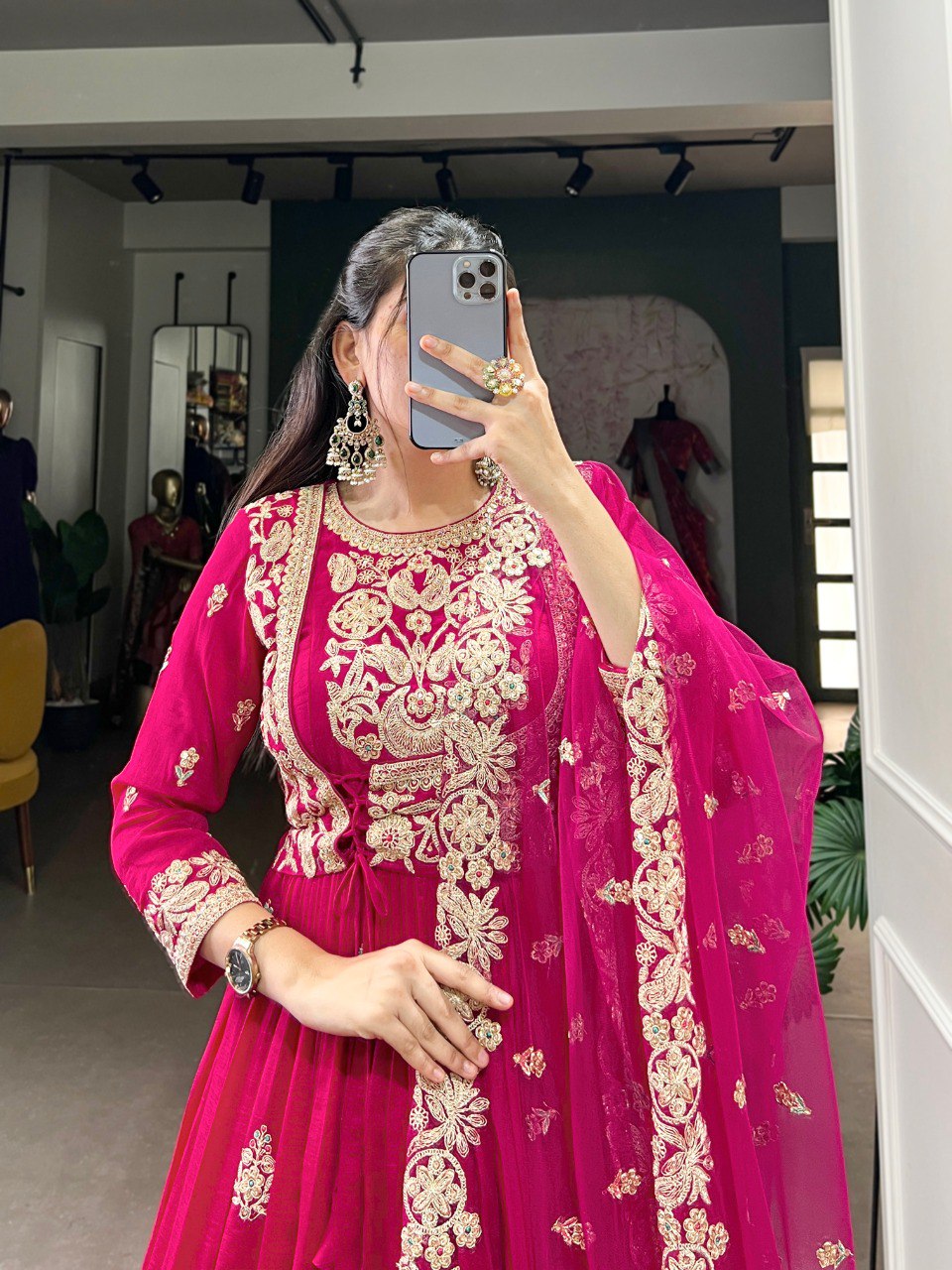 Elegant Vichitra Silk Gown with Net Dupatta - Sequins and Thread Embroidery