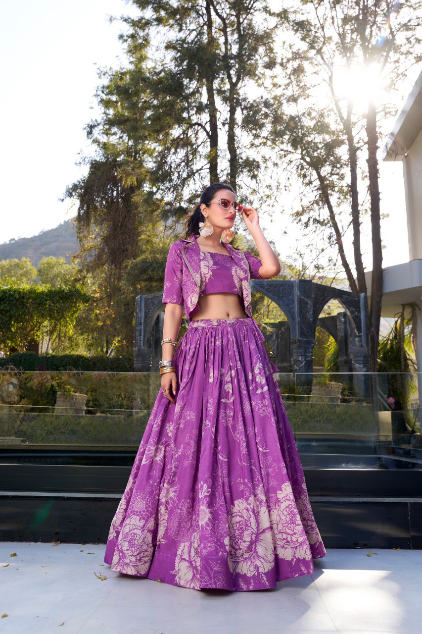 Elegant Tussar Silk Floral Printed Purple Lehenga Set with Blouse and Koti