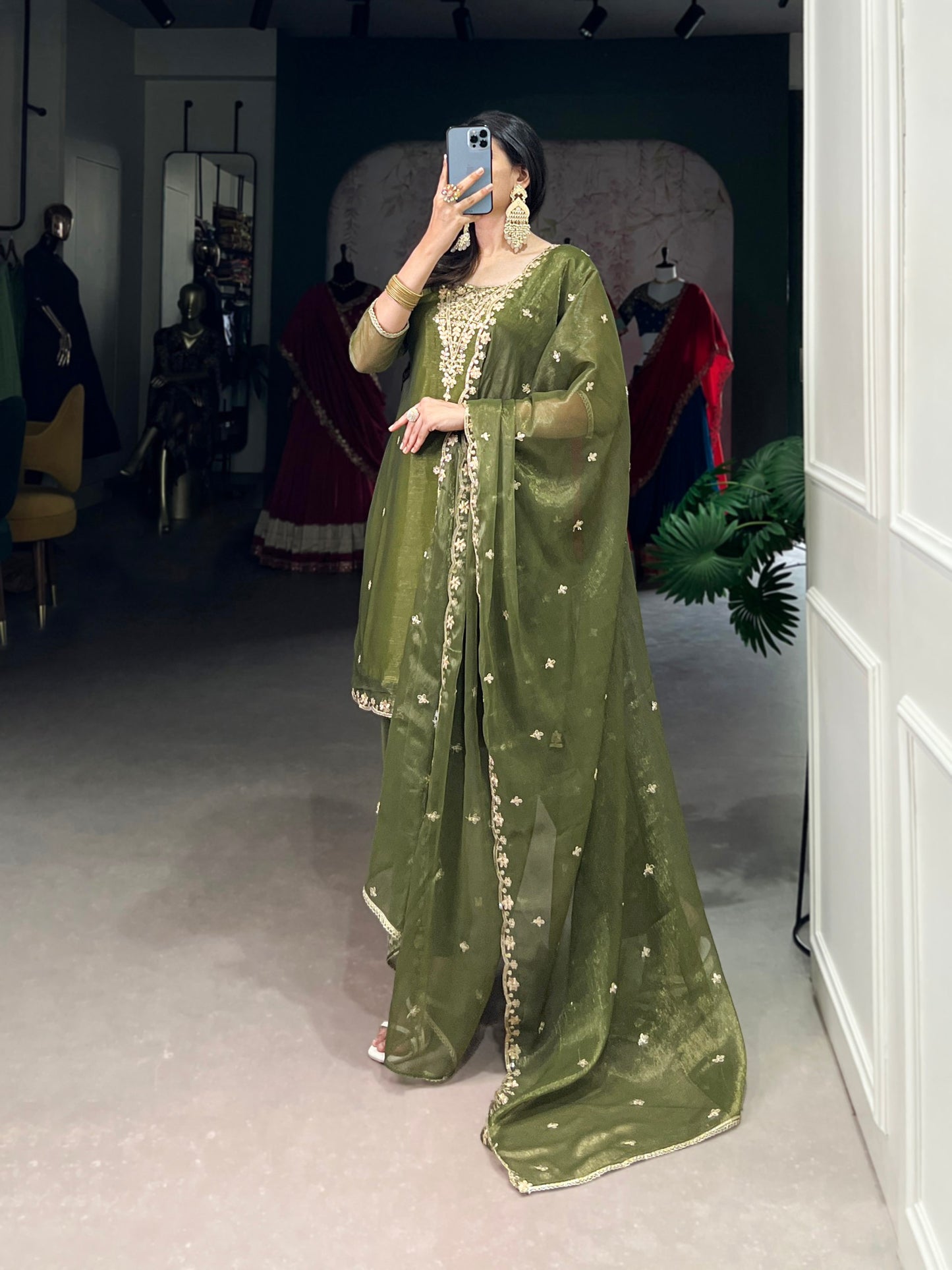 Elegant Gold Coin Fabric Embroidered Green Top and Bottom Set with Dupatta