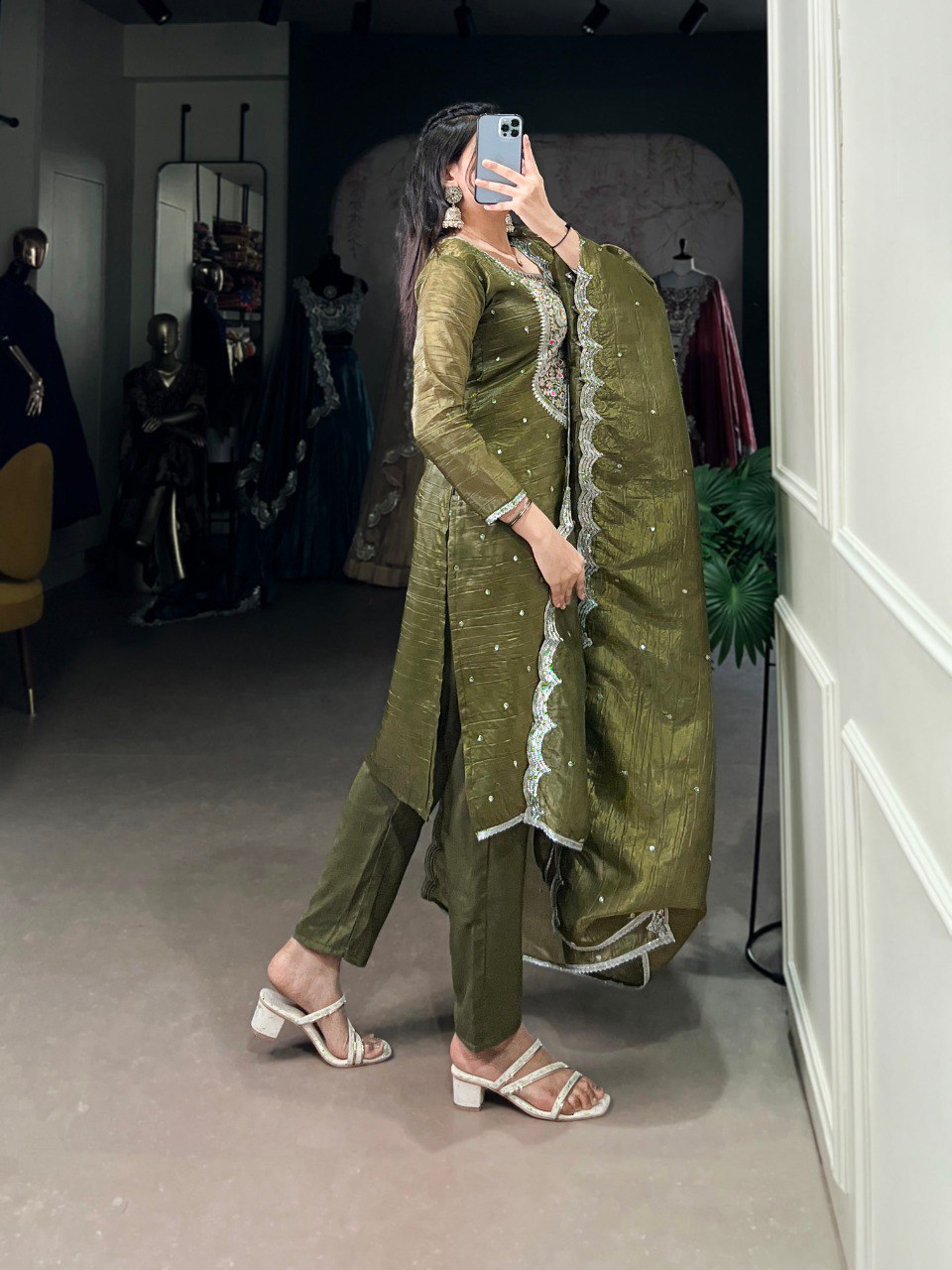 Elegant Gold Crush Fabric Embroidered Stitched Green Top Bottom Set with Dupatta