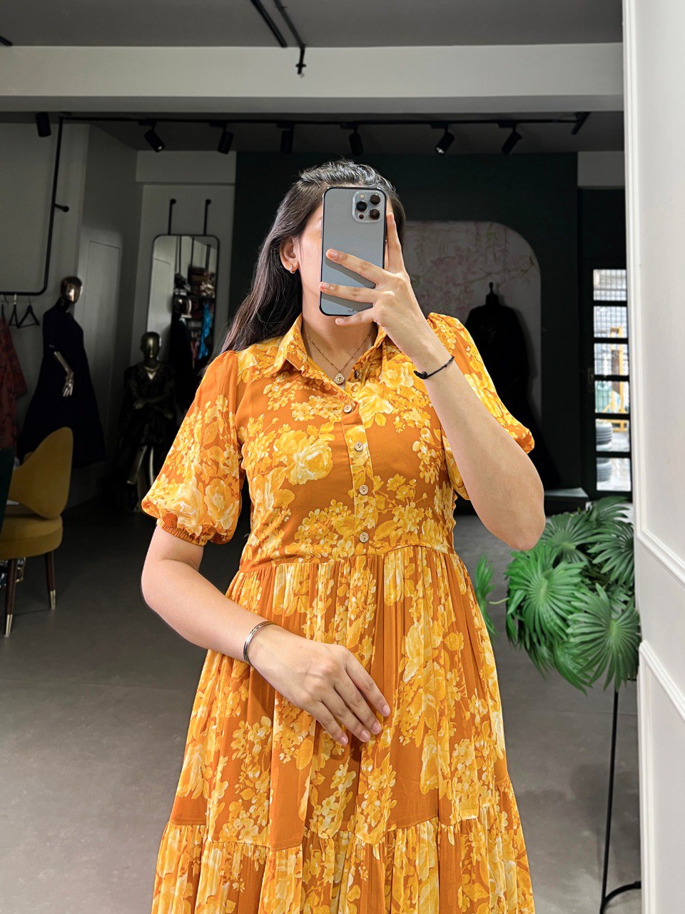 Elegant Floral Print Georgette Mustard Yellow Frock for Women