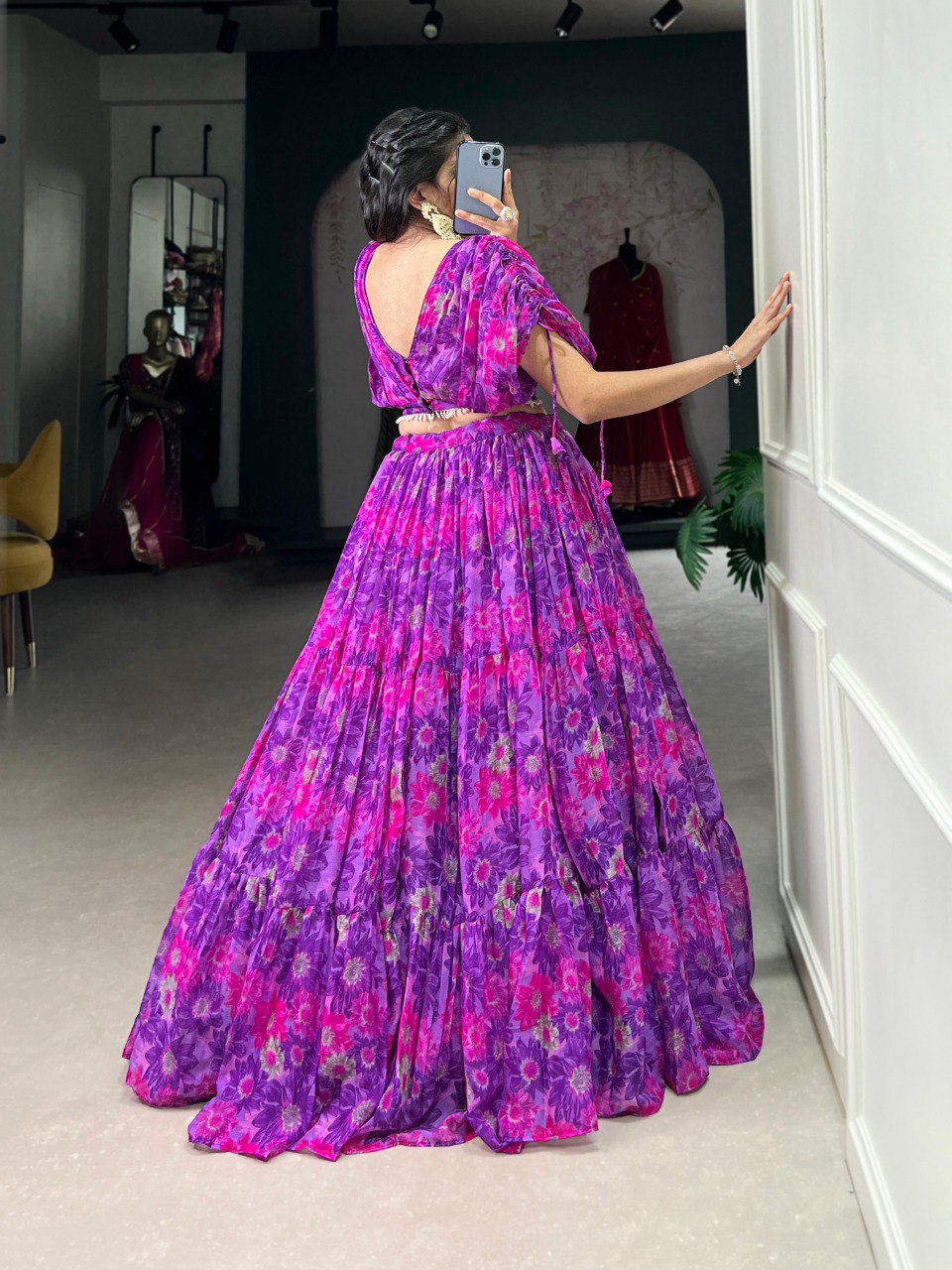 Elegant Floral Print Chiffon Purple Lehenga Set for Women
