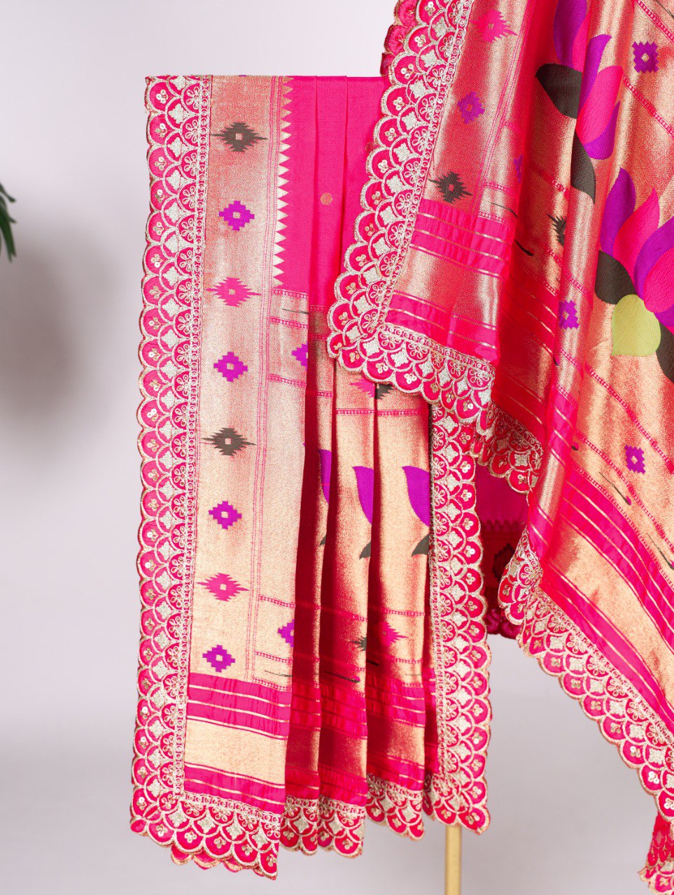 Premium Jacquard Silk Zari Weaving Pink Dupatta with Embroidery Lace Border