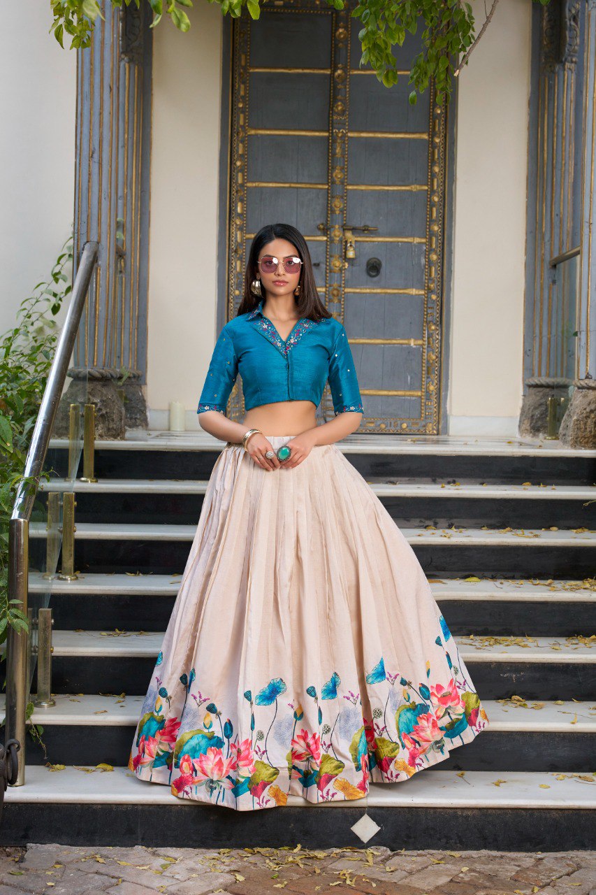 Elegant Tussar Silk Floral Print Lehenga with Handwork Mirror Blouse