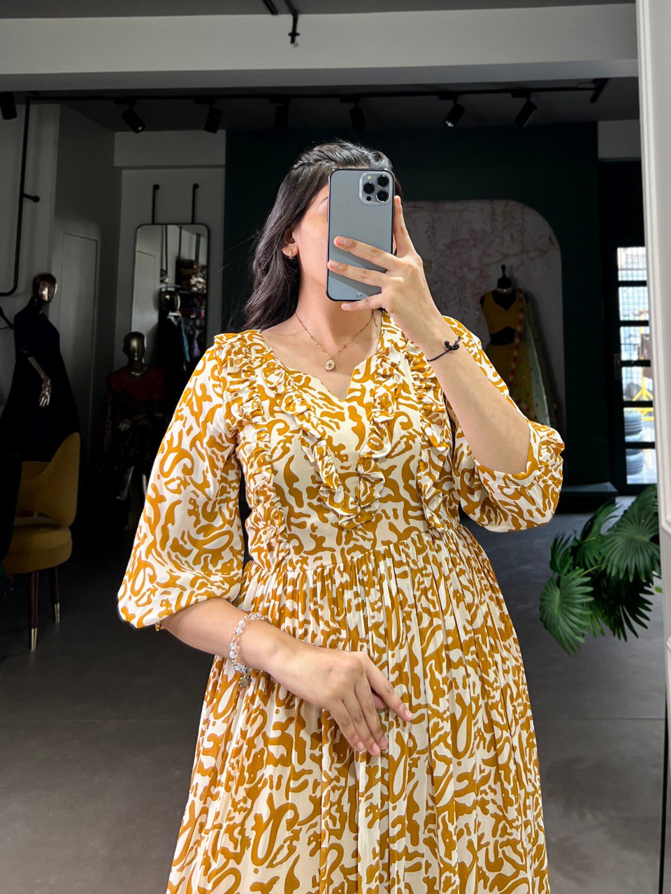 Elegant Georgette Printed Mustard Yellow Frock with Full Flair and Lining