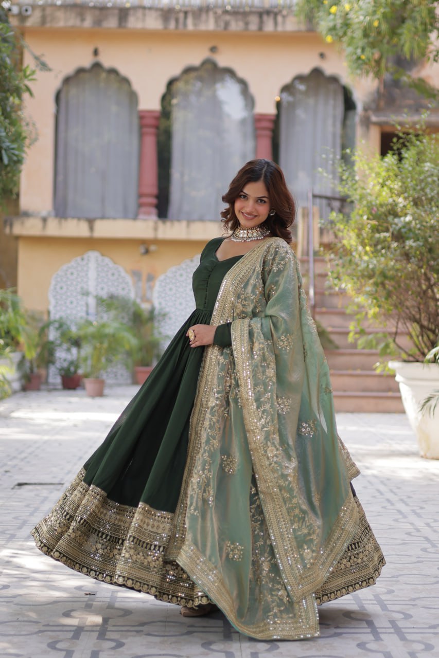 Elegant Shimmer Vichitra Silk Gown with Sequins Embroidery and Fendi Dupatta Set