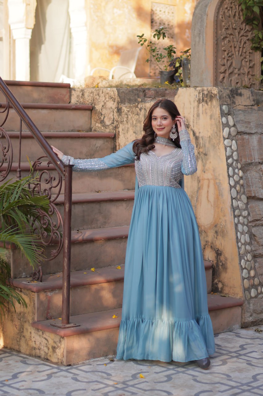 Star Georgette Embroidered Beads Sequins Work Blue Gown with Dupatta Set