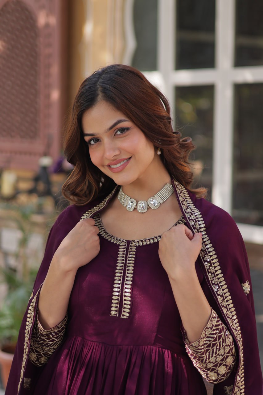 Shimmer Vichitra Gown with Sequins Embroidery and Designer Dupatta