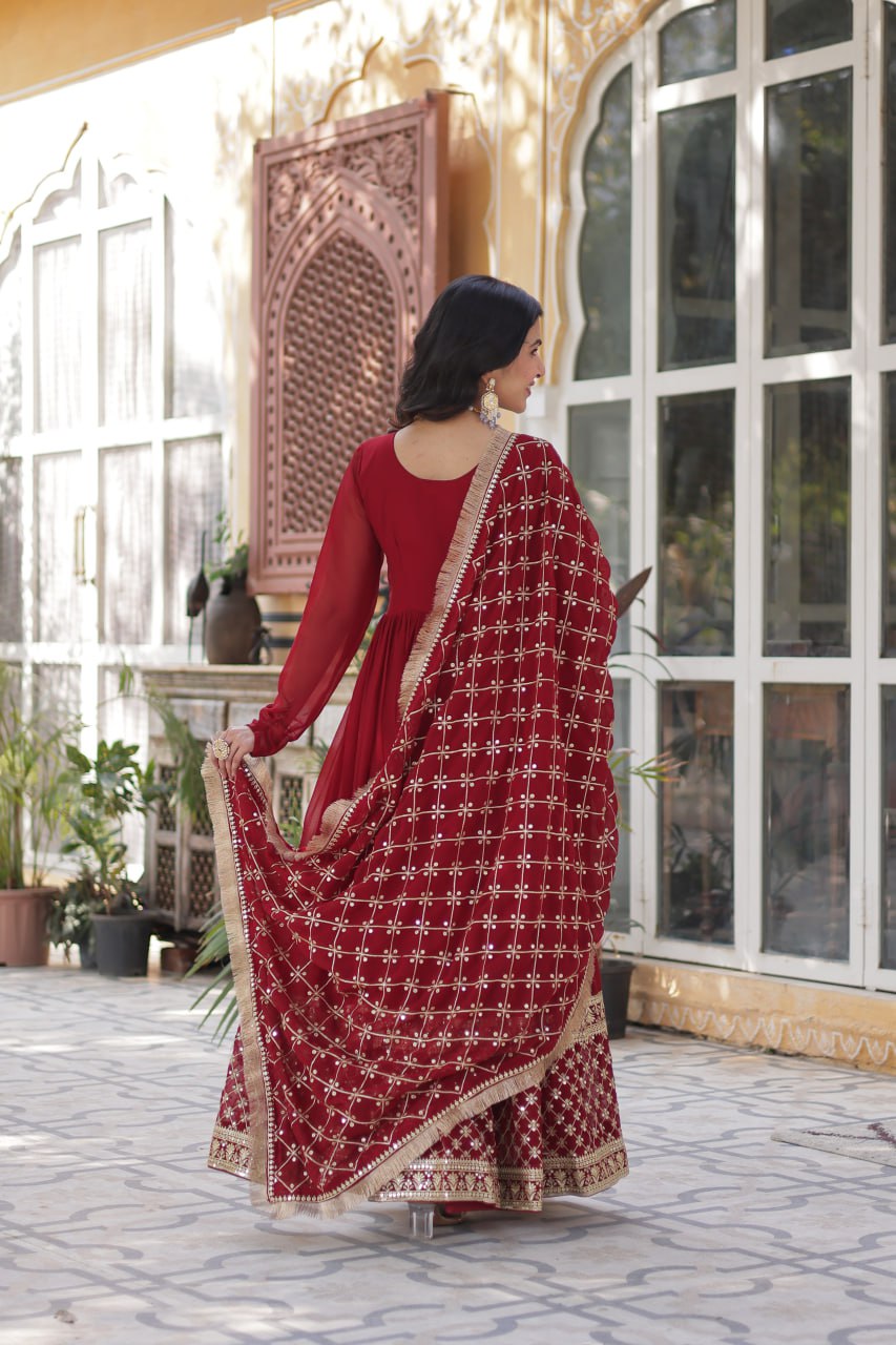 Faux Blooming Maroon Gown with Zari Sequins Embroidery and Designer Dupatta