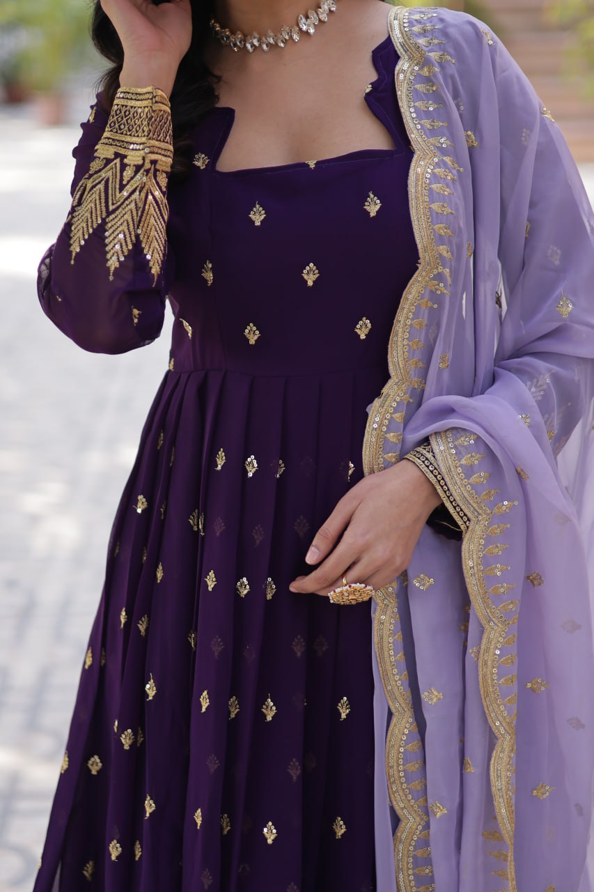 Luxury Faux Blooming Embroidered Zari Sequins Gown with Tabby Silk Cutwork Dupatta
