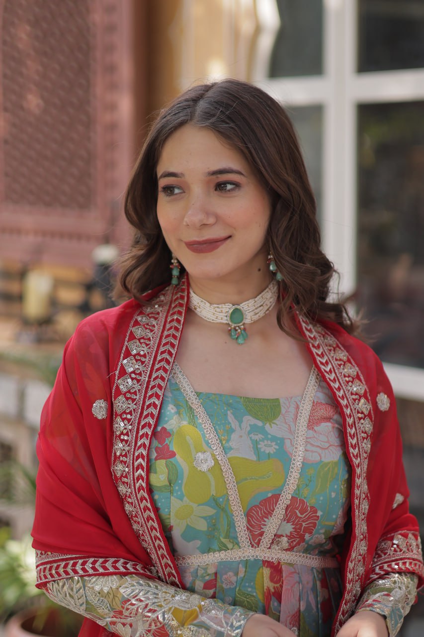 Digital Printed Russian Silk Top with Foil Embroidery Zari Sequins Work and Designer Lace Border Dupatta