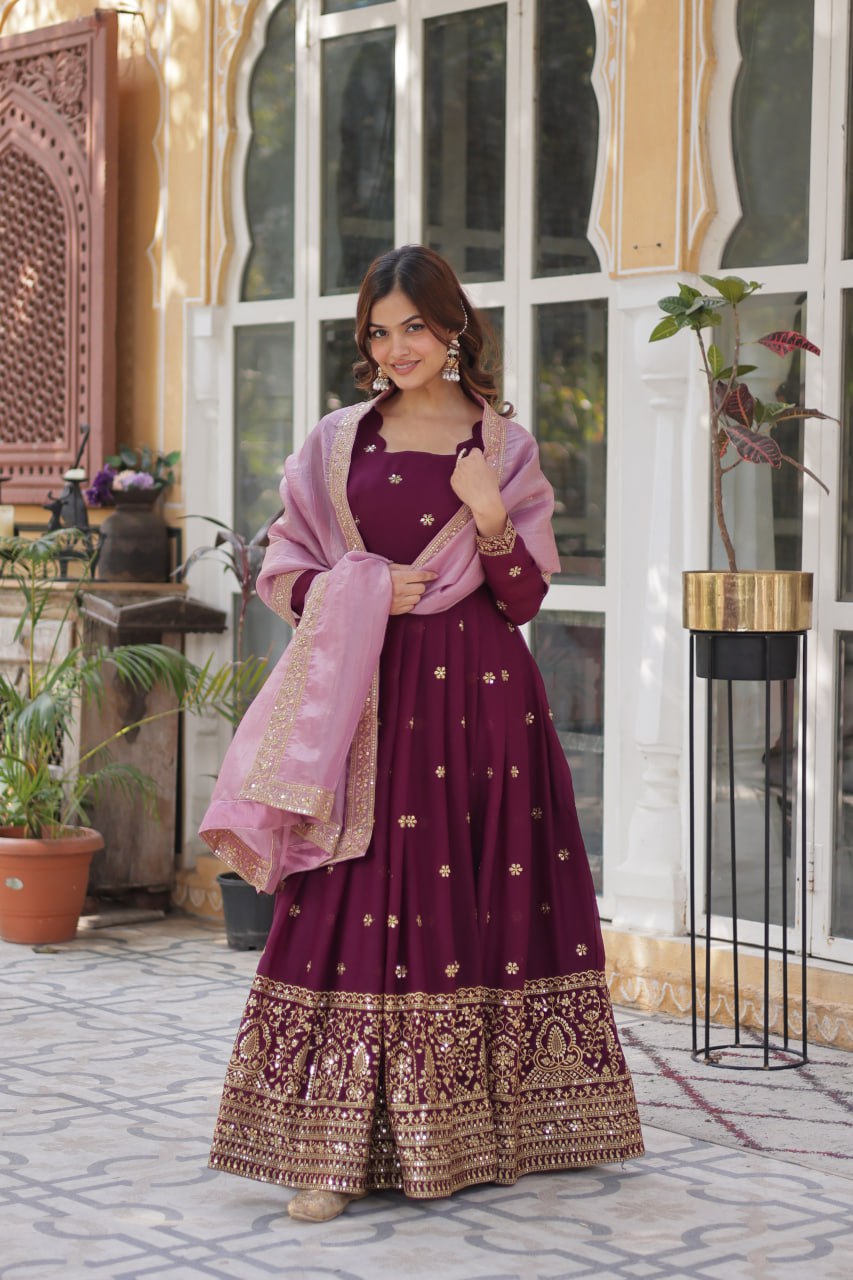Elegant Star Georgette Purple Gown with Zari Sequins Embroidery and Gold Crush Dupatta