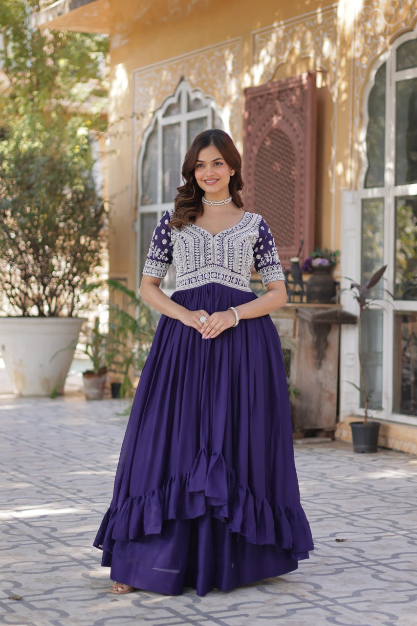 Designer Star Georgette Purple Kurti with Lehenga Set Embellished with Beads and Sequins Work