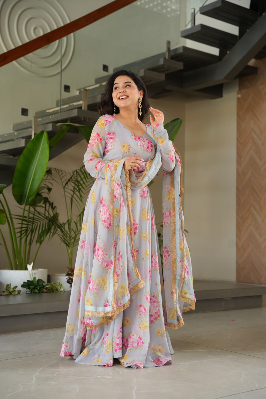 Elegant Faux Georgette Floral Digital Print Gown with Dupatta Set