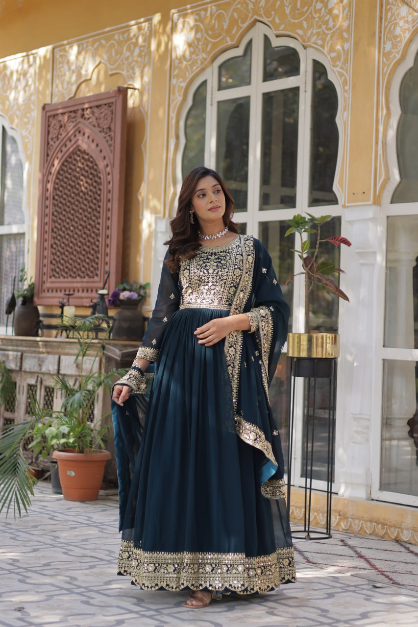 Premium Faux Blooming Bottle Green Gown Set with Zari Sequins Embroidery and Dupatta