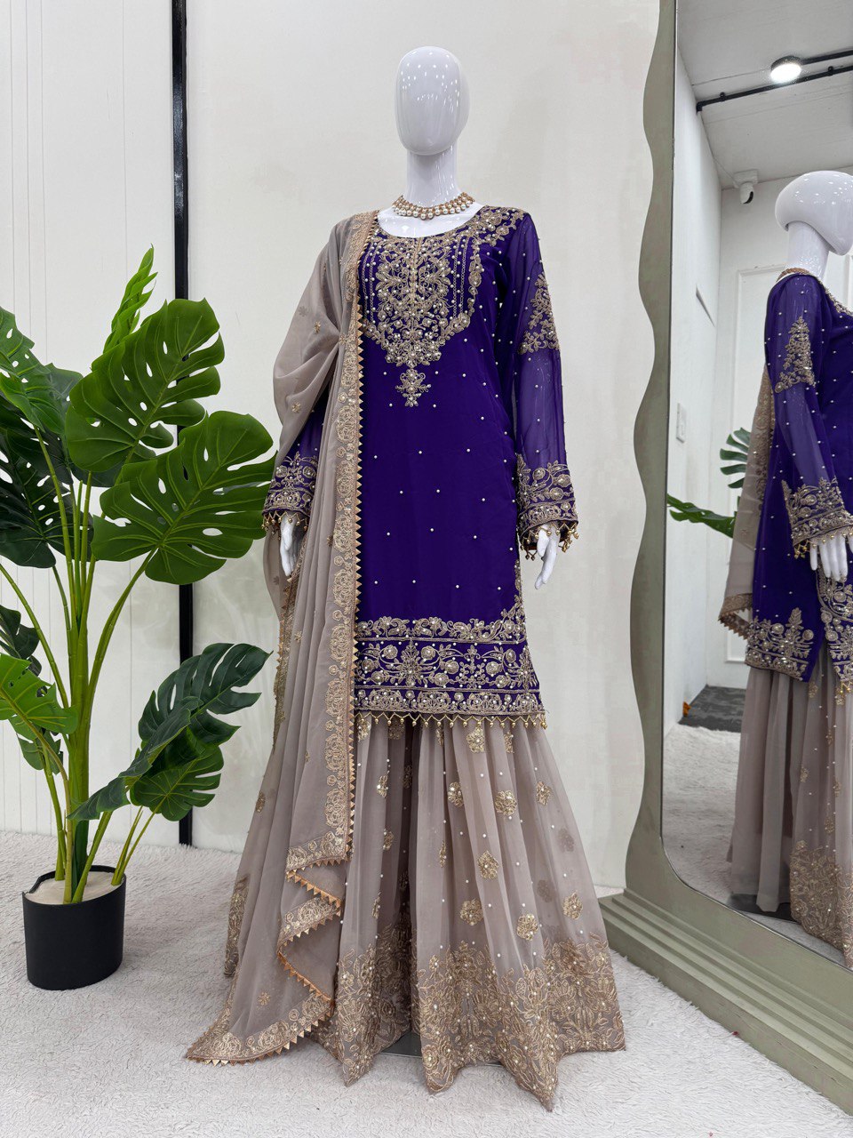 Designer Faux Georgette Purple Suit Set with Sharara & Dupatta - Coding & Sequins Work, Pearl Embellishments, and Fancy Lace
