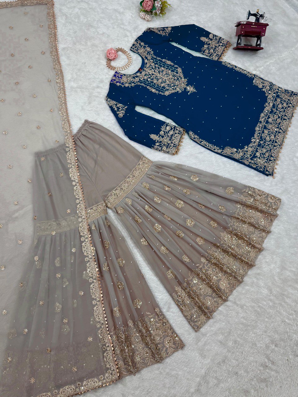 Designer Faux Georgette Bottle Green Suit Set with Sharara & Dupatta - Coding & Sequins Work, Pearl Embellishments, and Fancy Lace