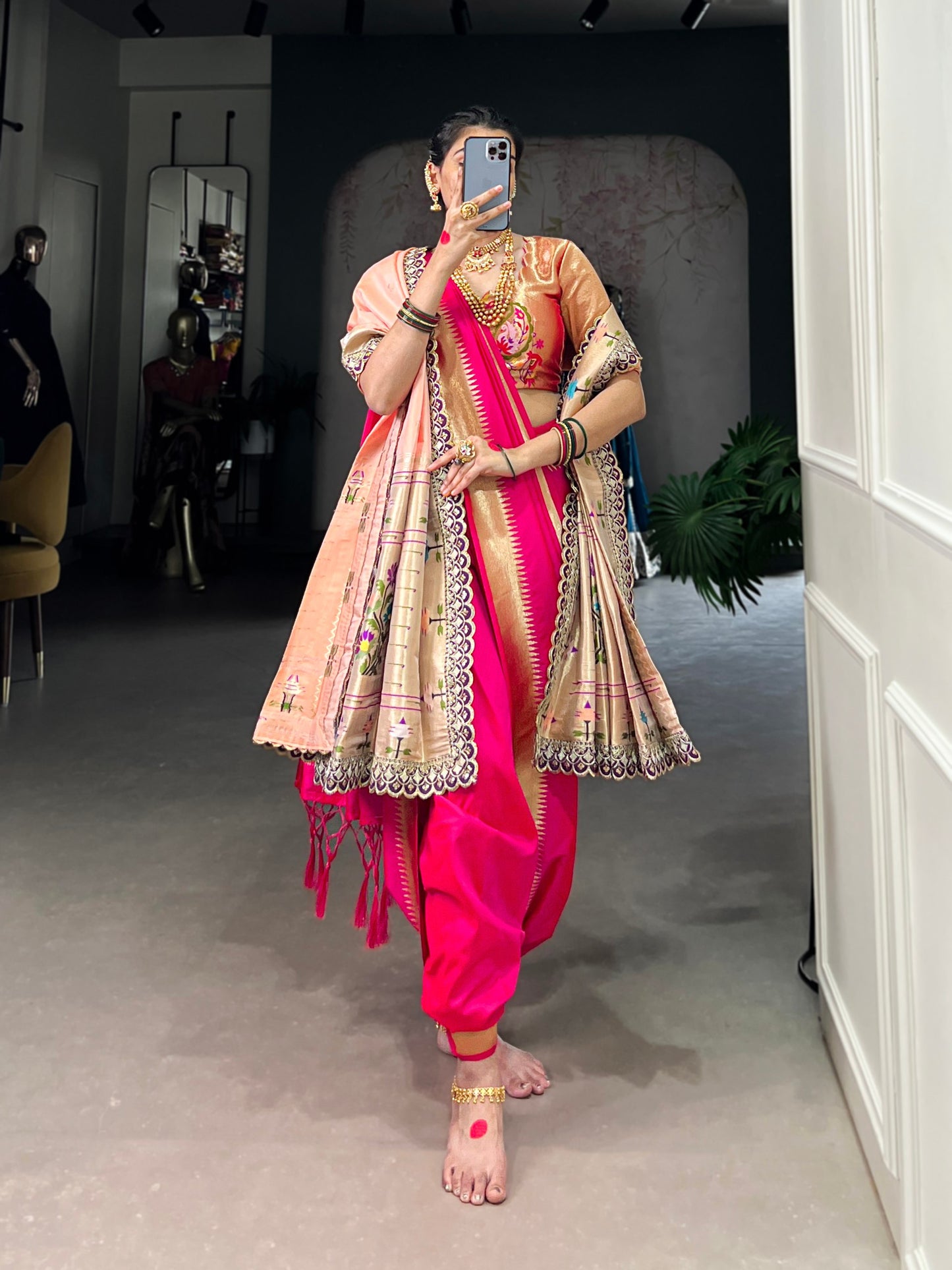 Premium Jacquard Silk Paithani Zari Weaving Pink Saree Set with Dupatta | Traditional Ethnic Wear