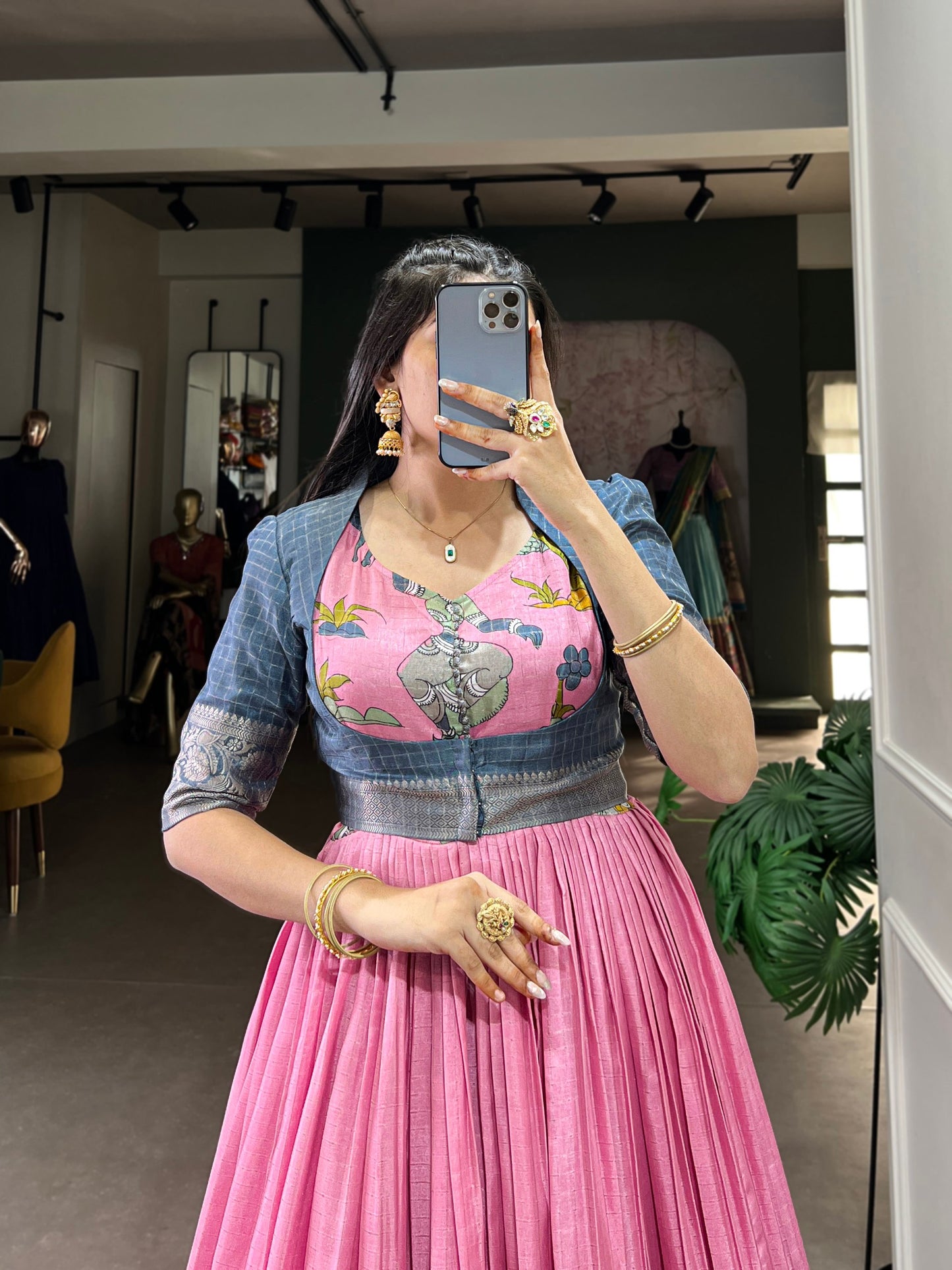 Elegant Dola Silk Kalamkari Print Pink Gown with Zari Weaving Koti | Ethnic Wear for Women
