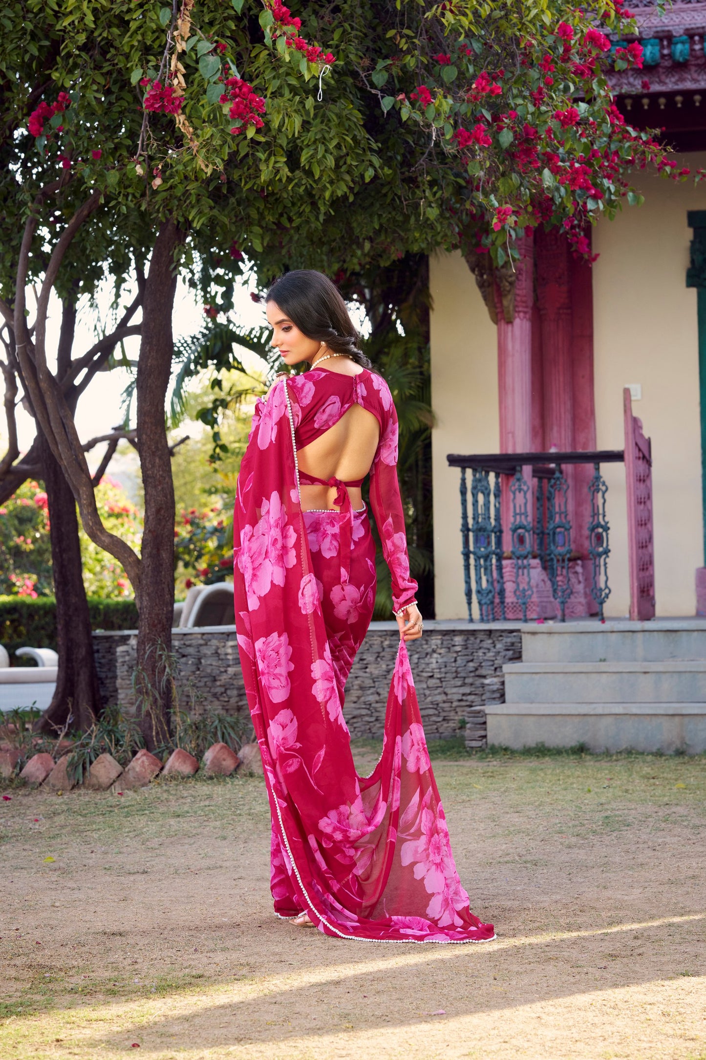 Elegant Floral Printed Pink Chiffon Saree with Pearl Lace Border and Matching Blouse