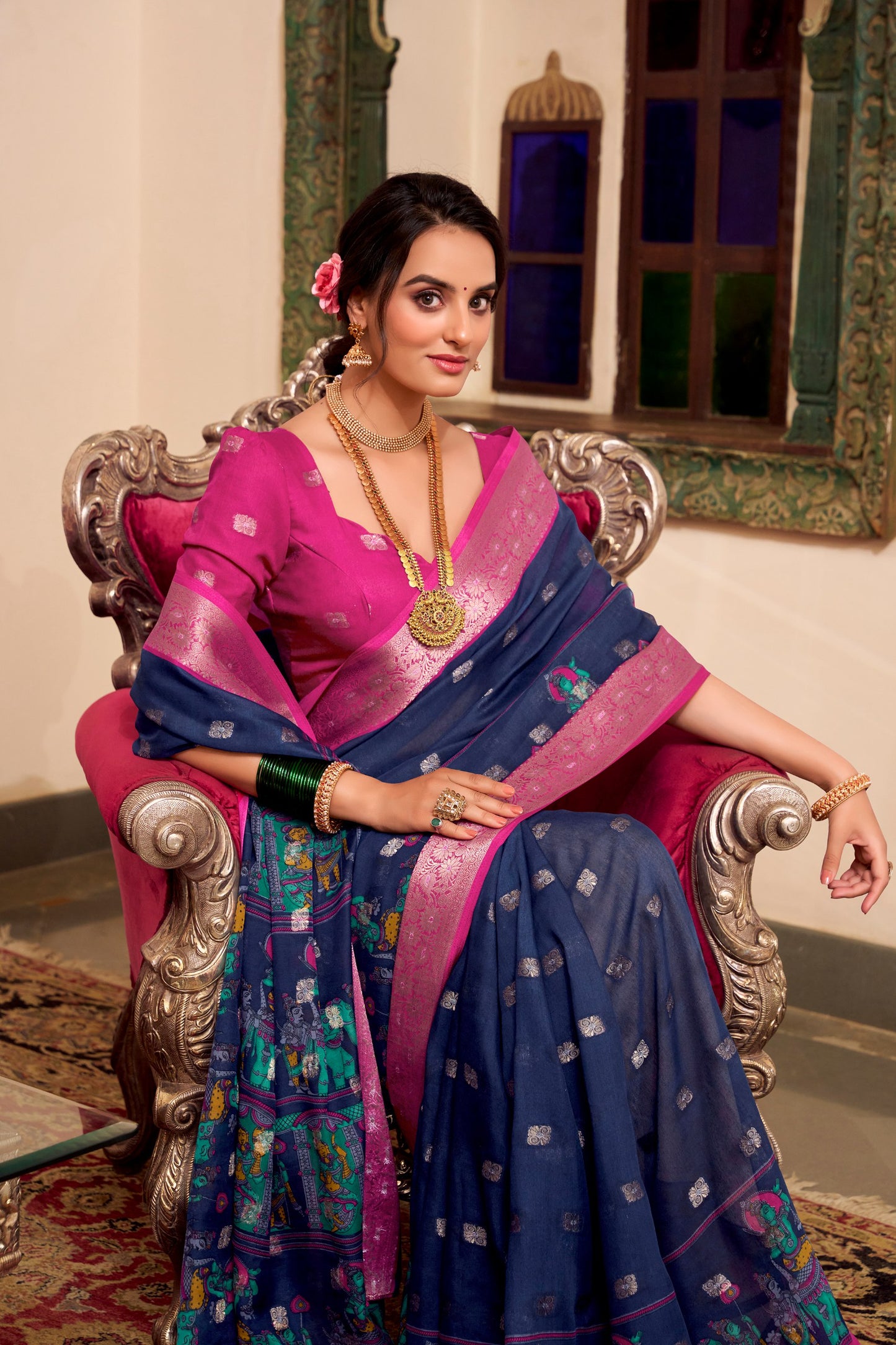Kalamkari Print Poly Cotton Navy Blue Saree with Zari Weaving Work Border and Blouse