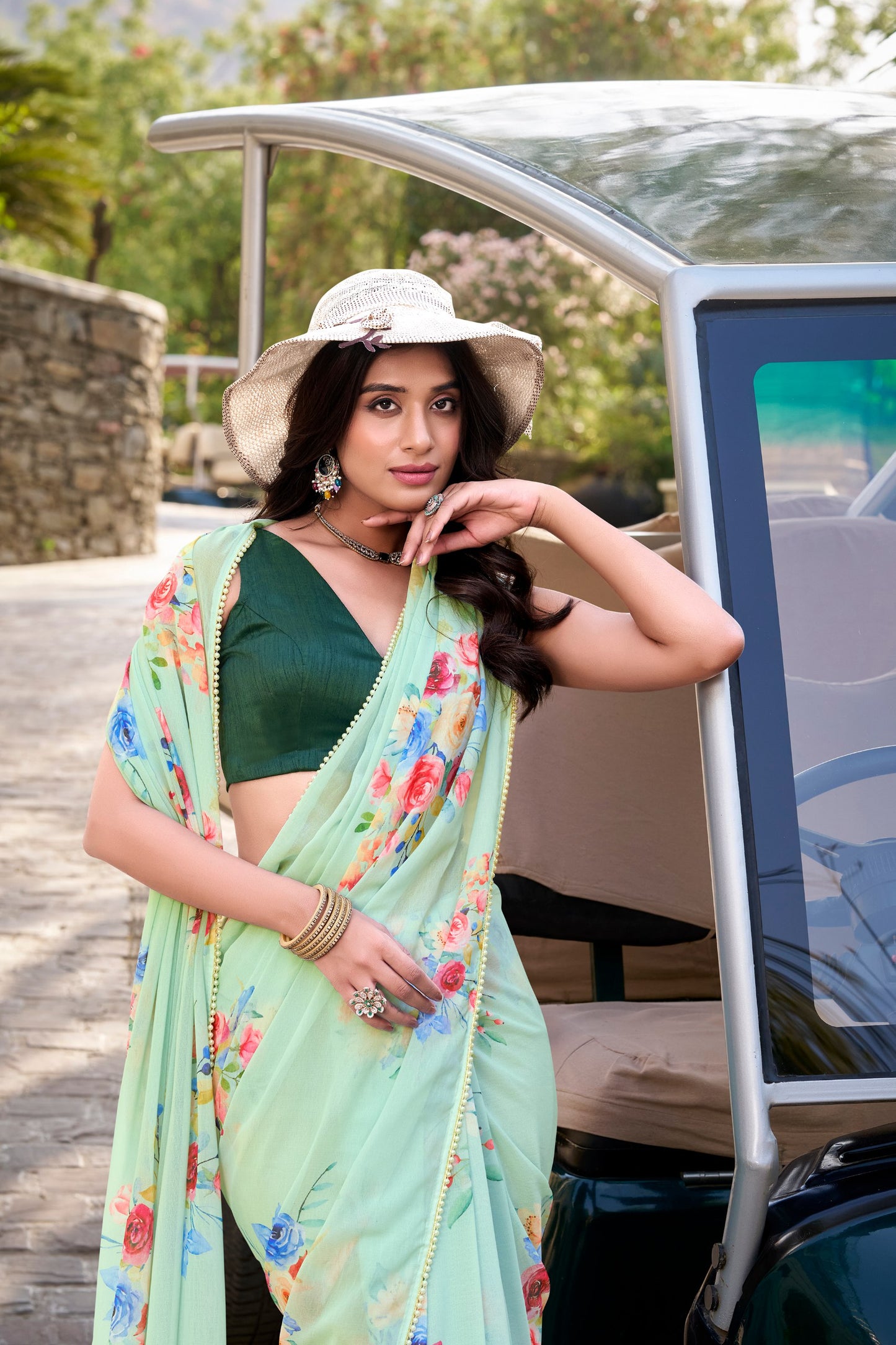 Weightless Marbal Floral Printed Pista Green Saree with Pearl Lace Border