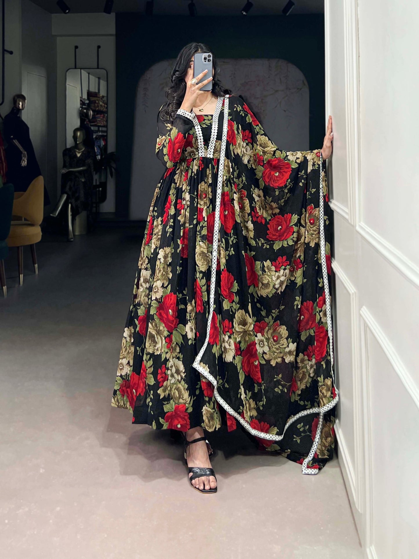 Floral Printed Georgette Red Gown with Peper Mirror Lace Touch-Up and Dupatta