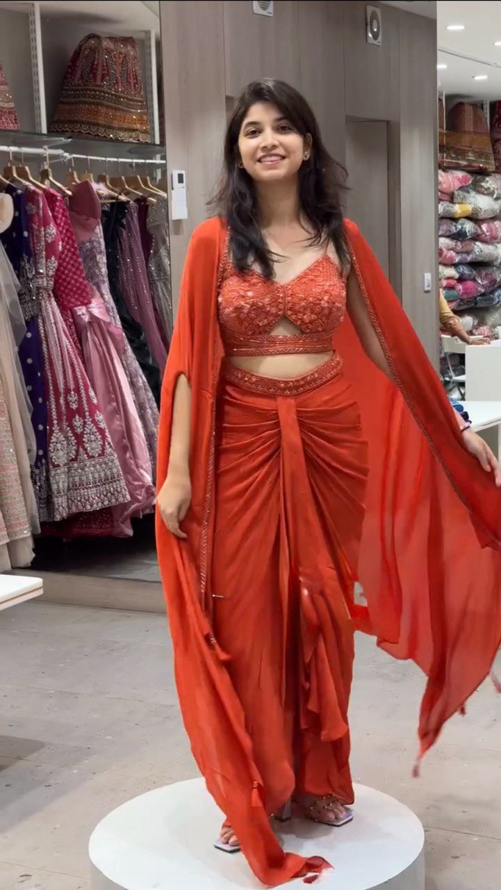 Oranage Satin Silk Thread Work Choli, Dhoti, and Shrug Set with Sequins