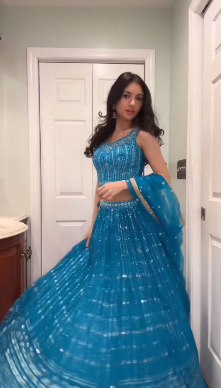 Foux Gorgette Semi-Stitched Lehenga Set with 3 Meter Flair and Sequin Work