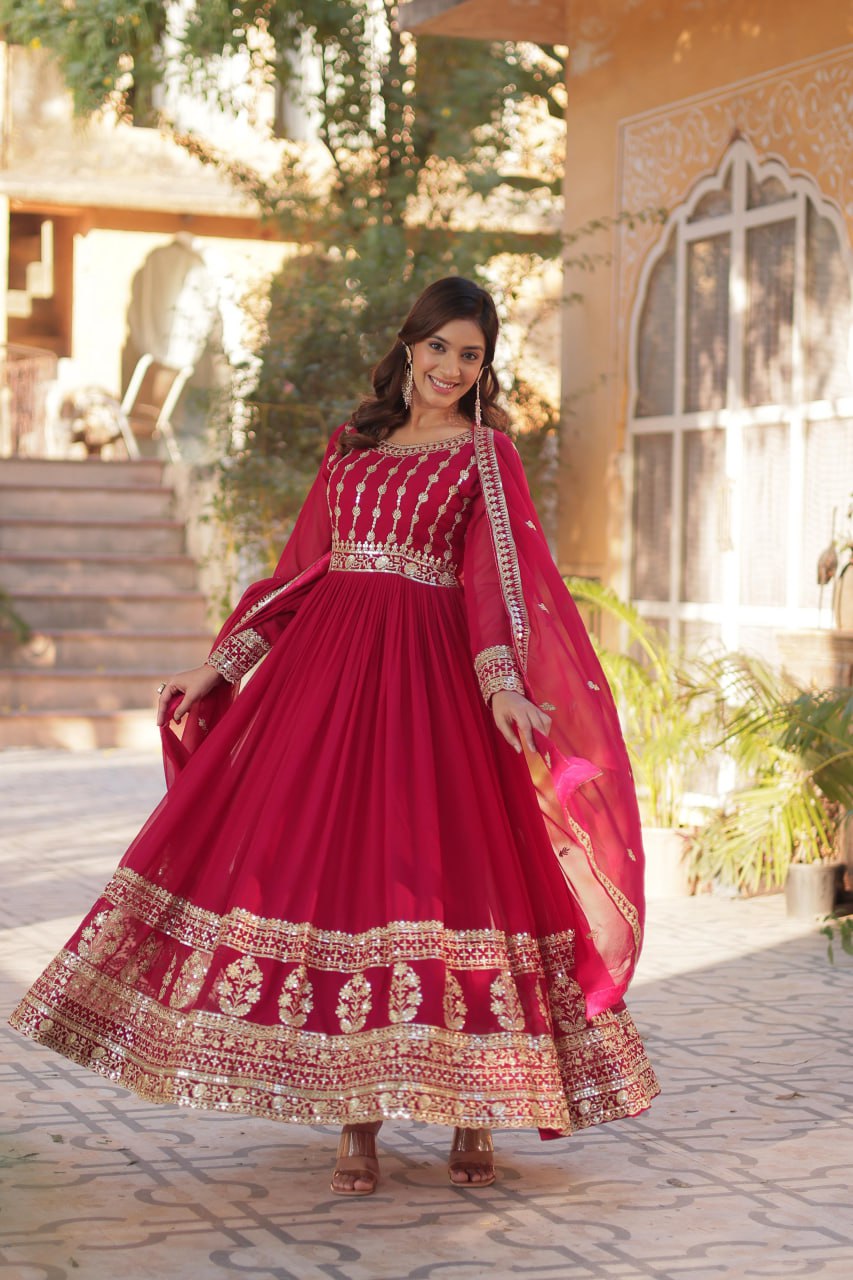 Pink Faux Blooming Embroidered Gown with Dupatta – Zari & Sequin Work