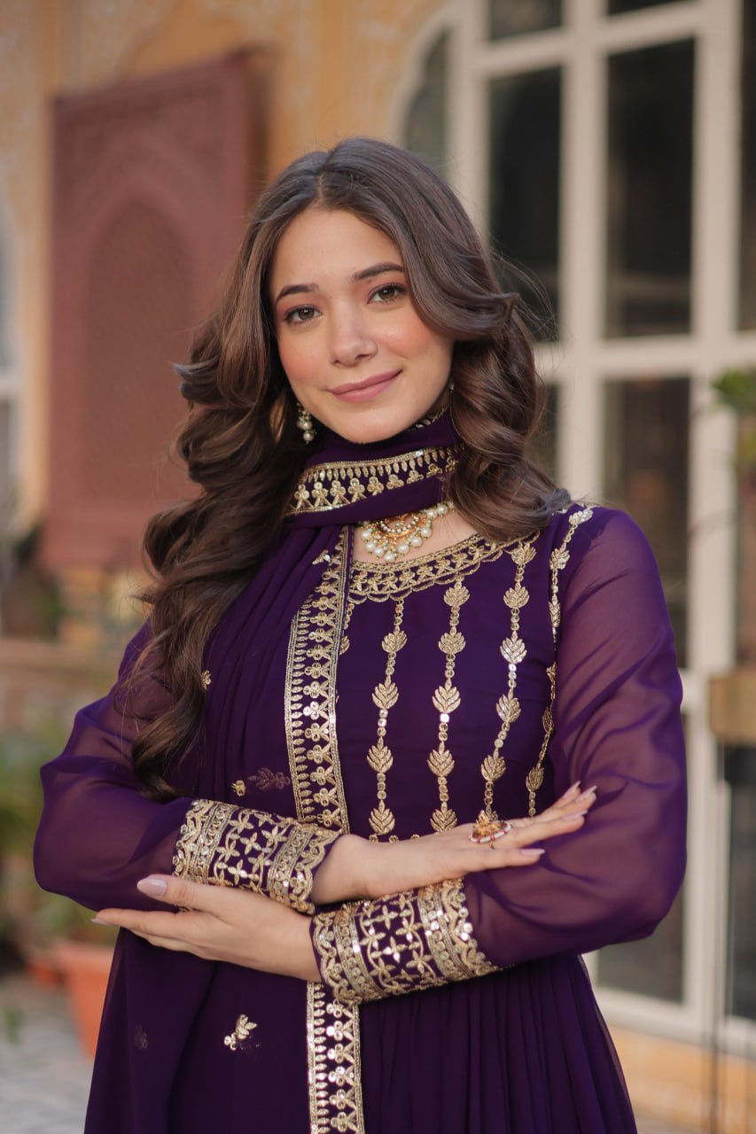 Purple Faux Blooming Embroidered Gown with Dupatta – Zari & Sequin Work