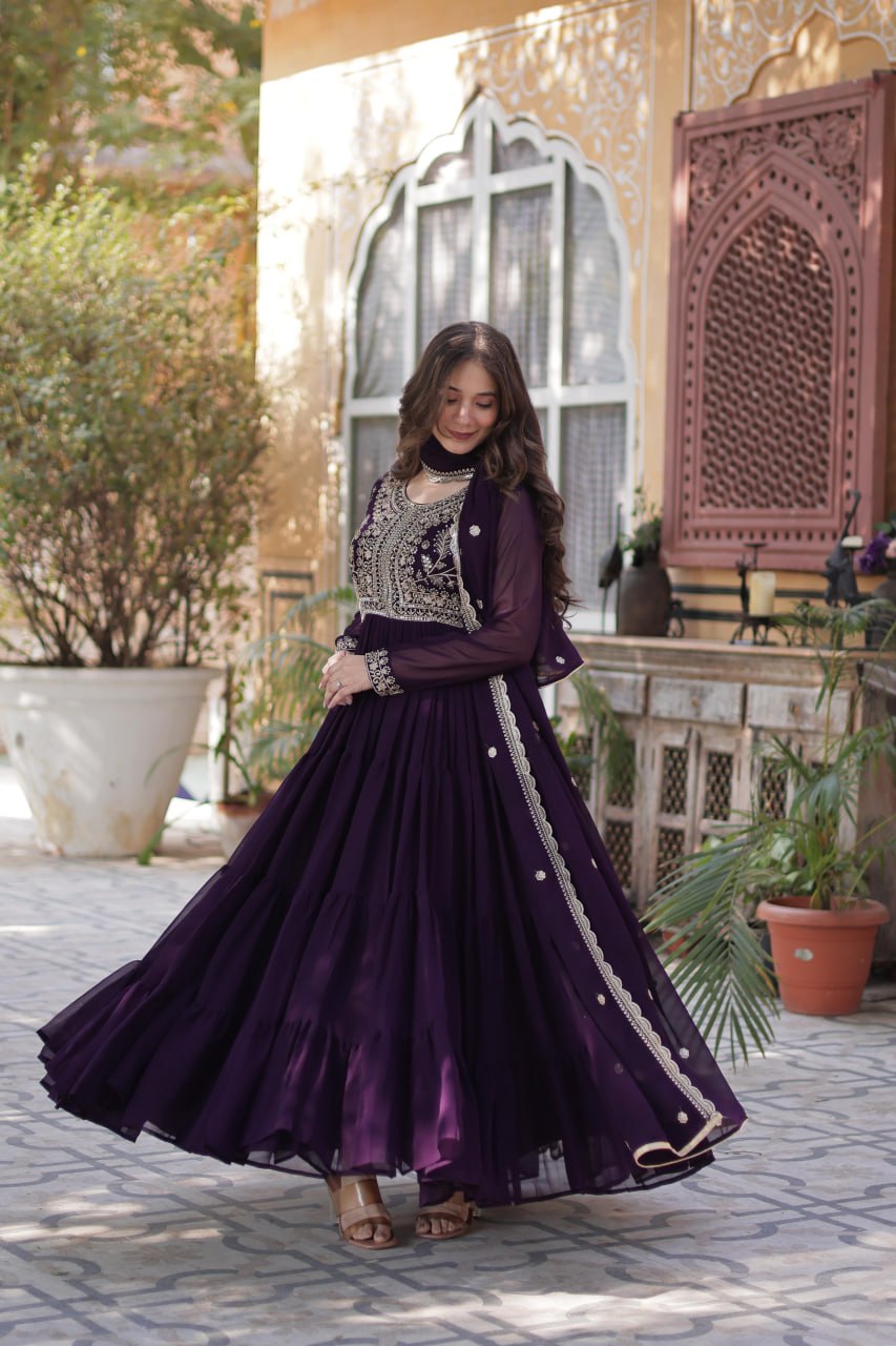 Purple Faux Blooming Georgette Gown with Pearl Embroidery & Dupatta