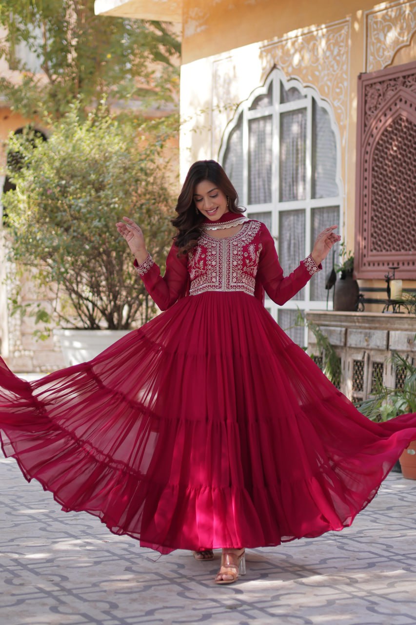 Rani Pink Faux Blooming Georgette Gown with Pearl Embroidery & Dupatta