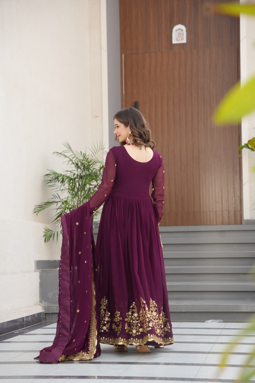 Purple Faux Blooming Georgette Embroidered Gown with Dupatta