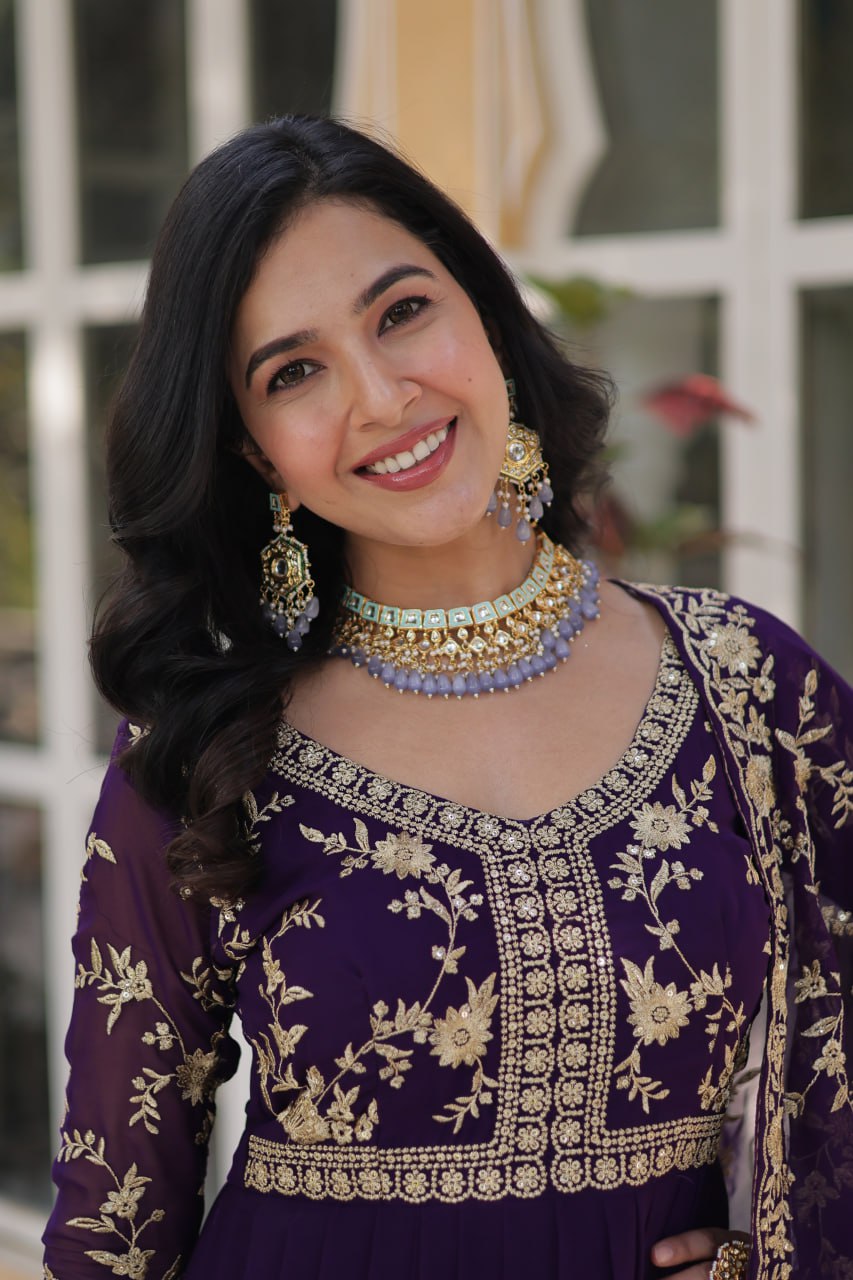 Purple Faux Blooming Multi-Sequins & Zari Embroidered Gown with Dupatta