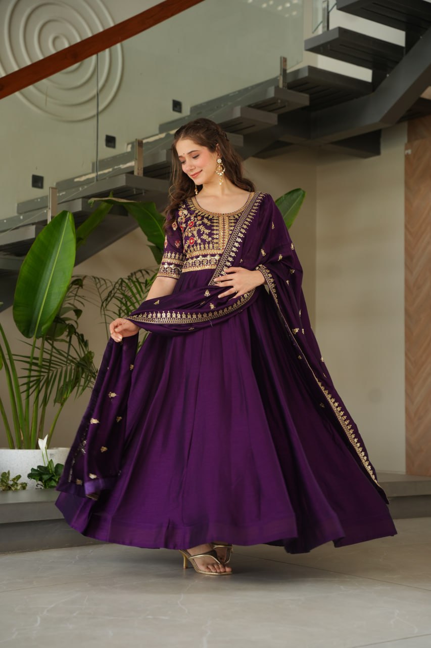 Vichitra Silk Sequins & Zari Embroidered Purple Gown with Dupatta