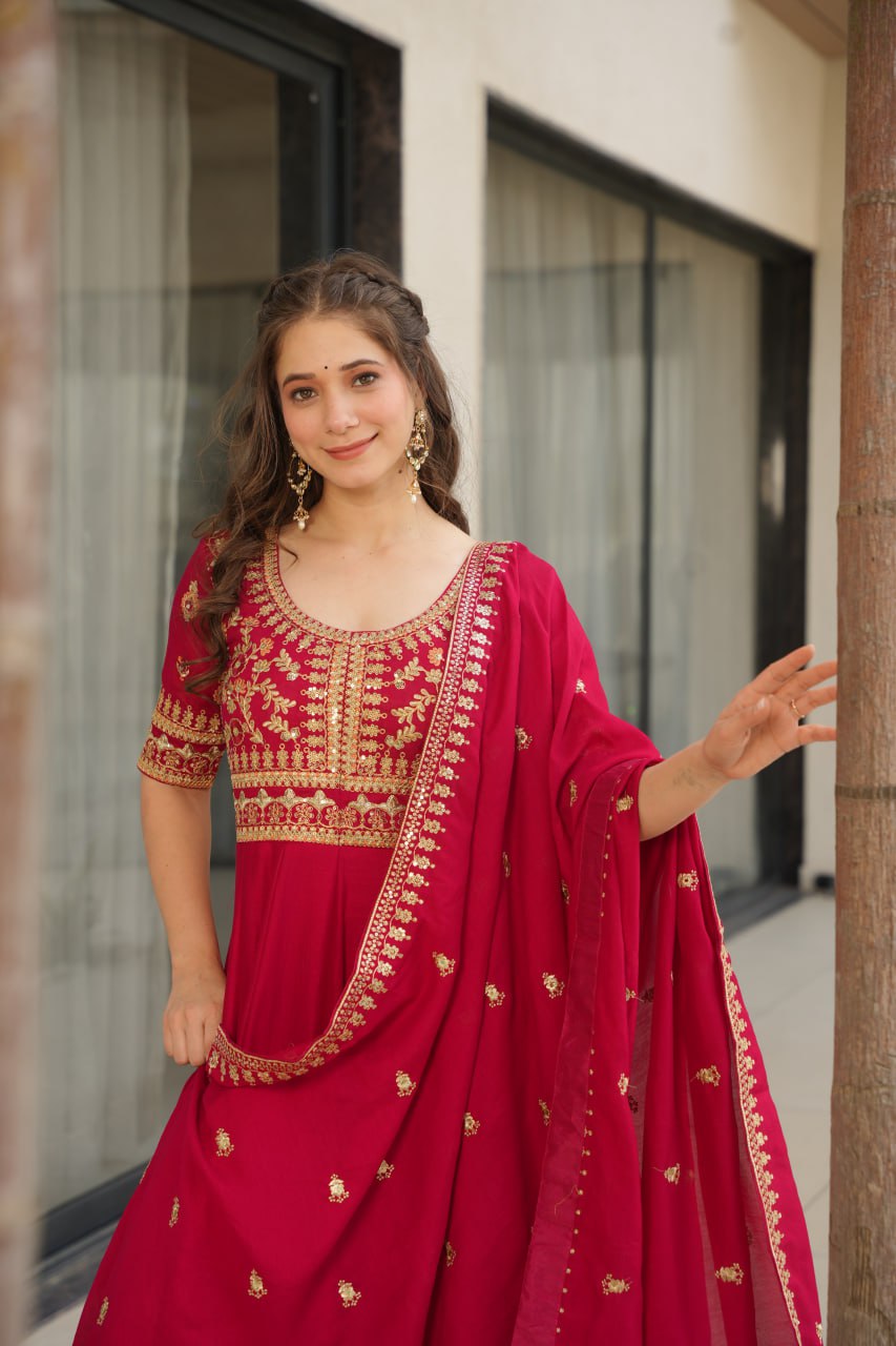 Vichitra Silk Sequins & Zari Embroidered Pink Gown with Dupatta